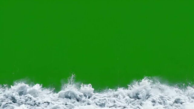 Realistic animated ocean wave crashing with white foam and spray, full frame overlay with green screen background for easy compositing and video editing