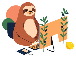Fototapeta premium Cute playful sloth hanging on a wooden branch with lush green leaves and a lemon, concept for wildlife conservation, children's book illustration, eco-friendly branding, and nature-themed merchandise