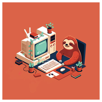 Playful cartoon monkey sitting amidst retro computer setup with vintage keyboard and monitor, concept for tech nostalgia, office humor, and digital workspace creativity, ideal for blog illustrations,