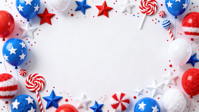4th of July border with balloons in red, white and blue around negative space, copy space, for your message.