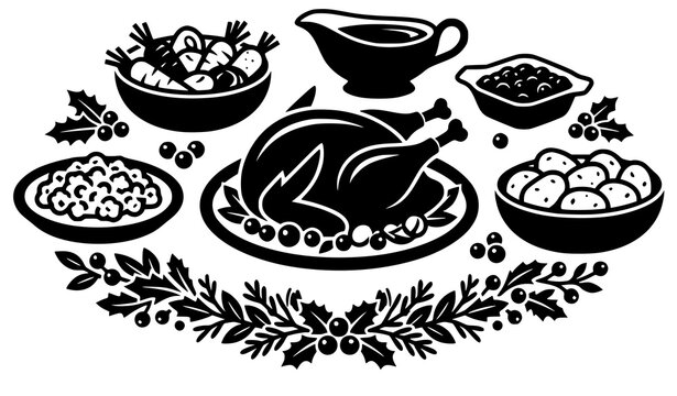 Thanksgiving roast turkey feast illustration with traditional side dishes gravy boat potatoes and decorative botanical elements vector isolated on white background