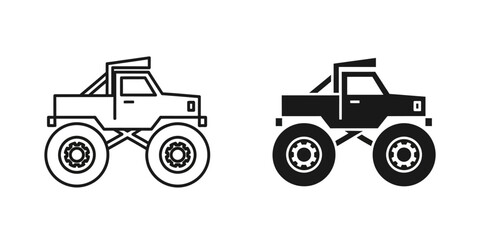 Monster truck icon with large wheels, outline and solid versions, vector illustration of a monster truck © ICON  WAREHOUSE