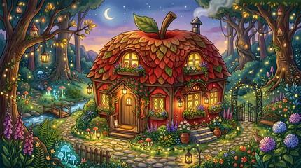 Fototapeta premium Whimsical fairy tale cottage in enchanted forest at twilight