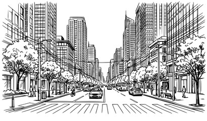 Hand drawn city avenue street vector illustration with modern skyscrapers and roadside trees in perspective, isolated black and white urban sketch background for architectural layout design.