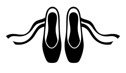 Black ballet pointe shoes vector illustration with elegant flowing ribbons, isolated silhouette graphic element for dance studio logo, ballerina theater performance poster design. © MdIbrahimIslam