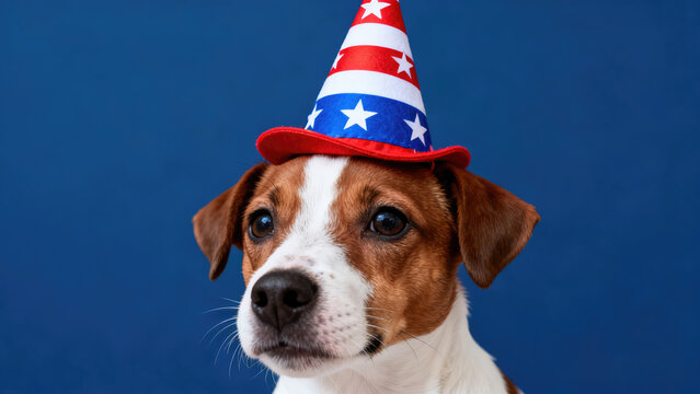 Cute dog Dress in a 4th of July Hat with Space for Copy. Adorable canine model wearing patriotic headwear 