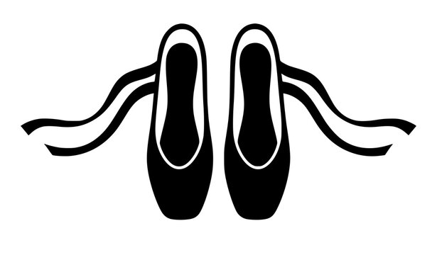Black ballet pointe shoes vector illustration with elegant flowing ribbons, isolated silhouette graphic element for dance studio logo, ballerina theater performance poster design.