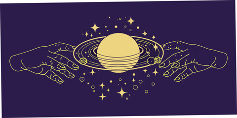 Planet with rings held by hands minimalist gold vector illustration © Rakesh
