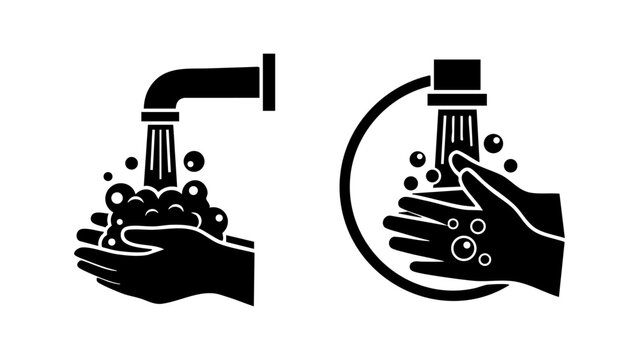 Black icons of hands washing with soap and water