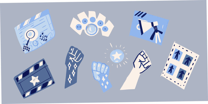 Collection Of Blue Vector Illustrations Depicting Various Symbols And Actions