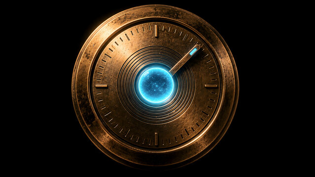 Bronze circular dial with luminous cyan Earth core as editorial concept for climate control, planetary regulation and global warming