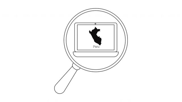 Magnifying glass over laptop displaying map of Peru country outline.