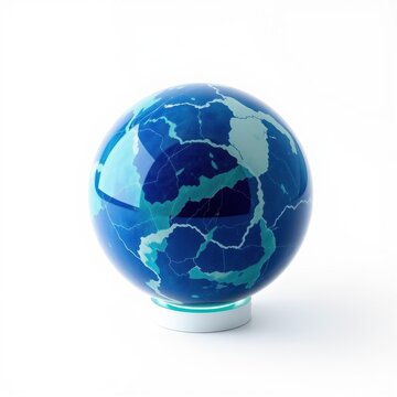 Blue globe rests upon white base. Continents visible, oceans dominate surface. Minimalist studio shot, clean background.