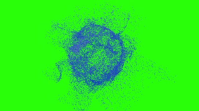 An abstract visual sequence of blue particles forming a spherical shape appearing and dissipating in a fine pattern on a green background, suitable for titles or logo reveals, suitable for chroma key