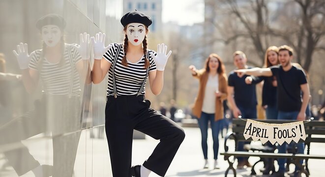 Mime artist performing on city street with spectators watching in background