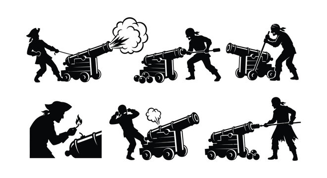 Pirate firing cannon silhouettes black vector illustration on white background