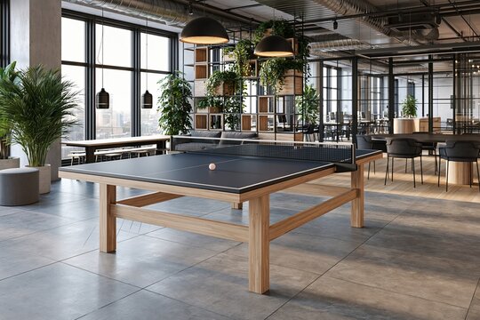 A ping pong table is set up in a modern office recreation area. Employees play games during breaks while enjoying natural light and greenery around them. This space encourages team bonding.