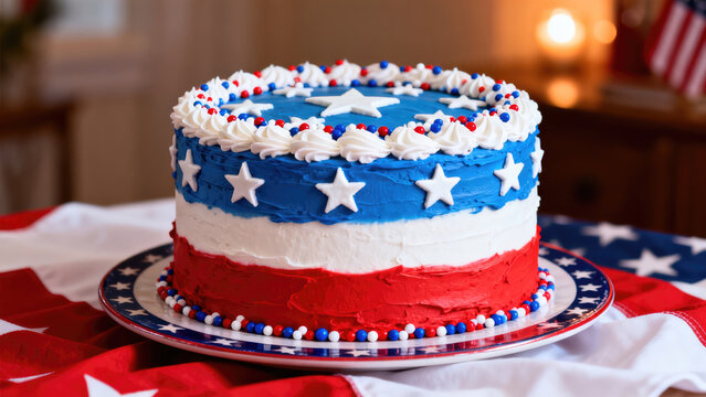 Festive cake in red, white, blue colors decorated with white stars. Delicious dessert for US national holiday celebration party. Sweet treat with frosting, whipped cream swirls, colorful sprinkles