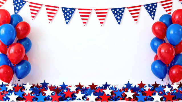 Patriotic banner with red blue and white balloons isolated on white background for 4th of july celebrations
