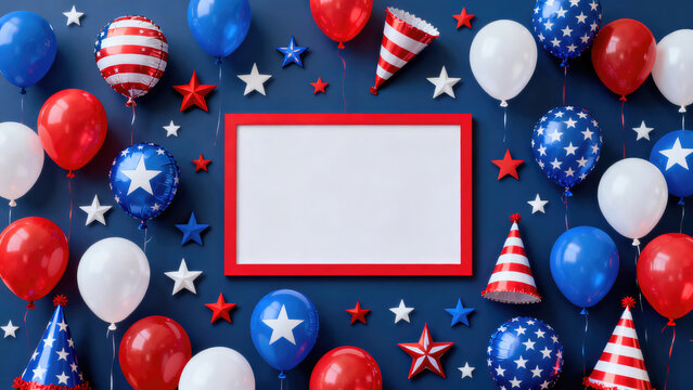 Patriotic fourth of july celebration background with red white and blue balloons and stars for photo frame