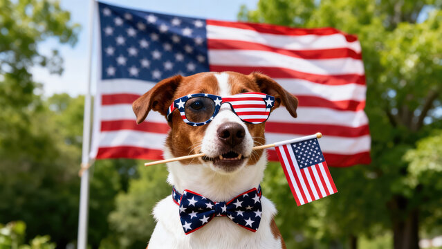 Patriotic dog celebrating independence day with american flag sunglasses and bow tie
