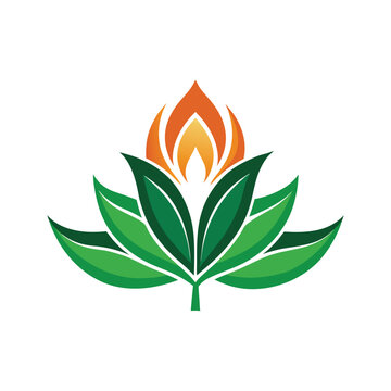 stylized flower logo with green leaves and orange flame shaped petals high quality professional detailed modern elegant stylish clean crisp vibrant