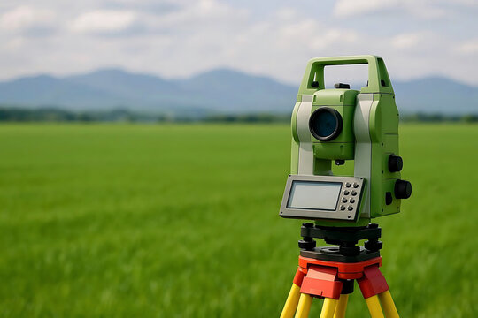 Digital total station theodolite on tripod for land surveying in a green field