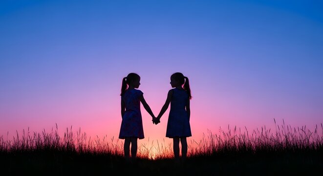 Celebrate national sisters day with love silhouette of two sisters holding hands at sunset