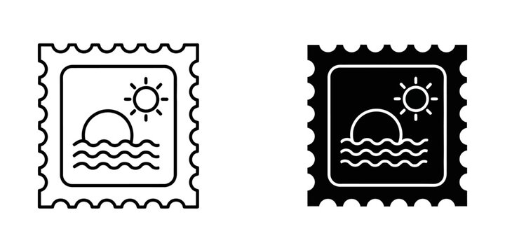 Postage stamp sunset icon set with envelope delivery shipping vacation communication graphics template