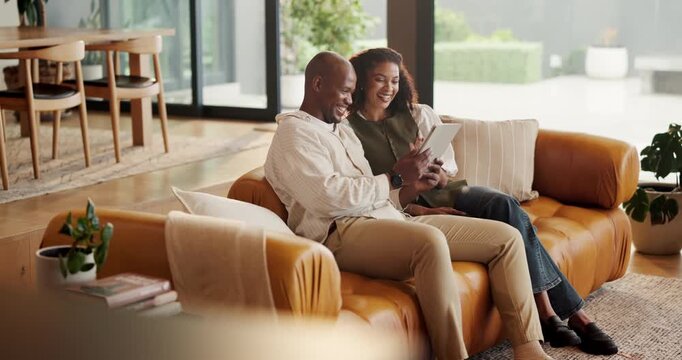 Tablet, smile and couple with high five on sofa, online shopping or celebration for digital auction. Winning, home or African people with tech for virtual marketplace, bidding or listing procurement