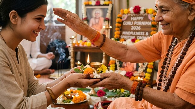 Elder blesses younger woman with sacred flame and offerings, Guru Purnima celebration