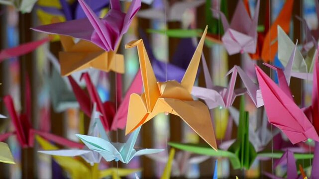 Japanese paper cranes made with origami.