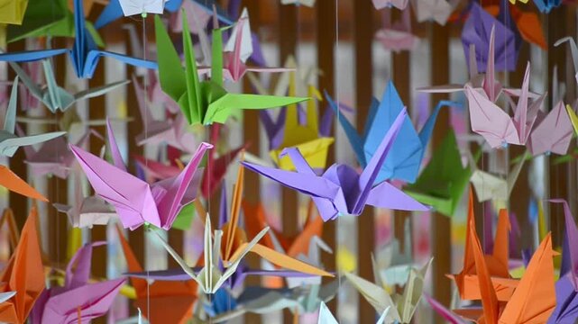 Japanese paper cranes made with origami.
