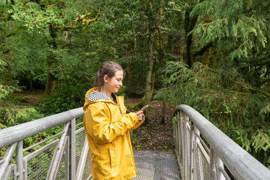 Young girl streaming content on smartphone in forest