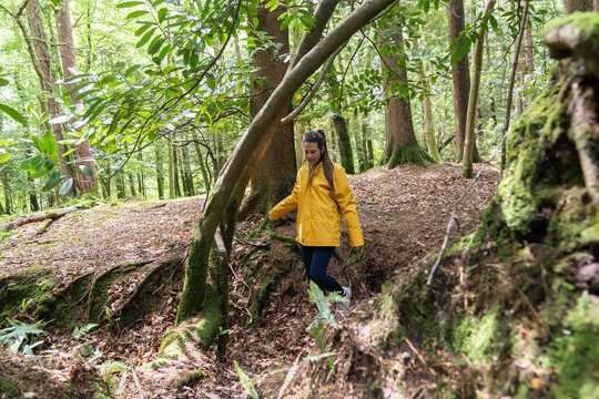 Woman hiking in yellow raincoat through a humid forest