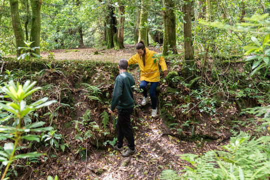 Couple hiking through forest exploring lush green nature