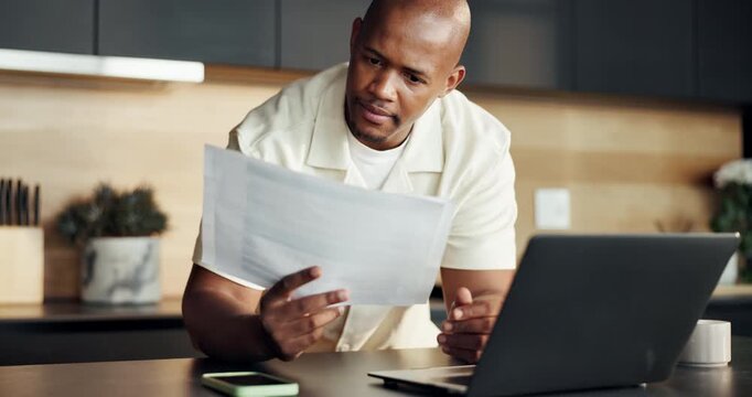 Reading, planning and black man with paperwork for home, travel insurance or accommodation booking. Review, tech or person with check for embassy documentation, country consent form or trip permit