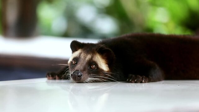 Close up of an Asian palm civet lying down