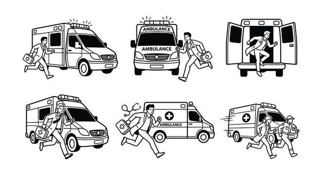 Ambulance And Running Person Vector Illustration Set Black And White