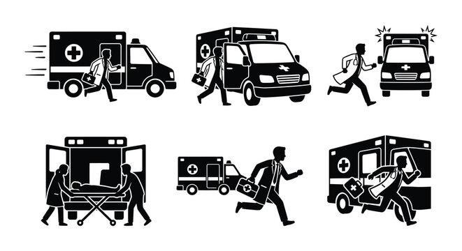 Ambulance And Running Person Vector Illustration Set Black And White