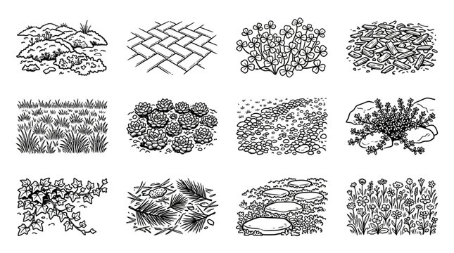 Hand-Drawn Garden Elements Set: Plants, Stones, Path & Ground Textures