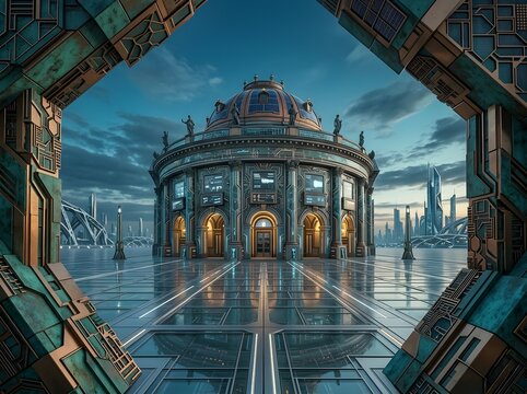 Hyper-realistic fantasy architecture, classic museum in a futuristic cyberpunk metropolis with reflective glass plaza