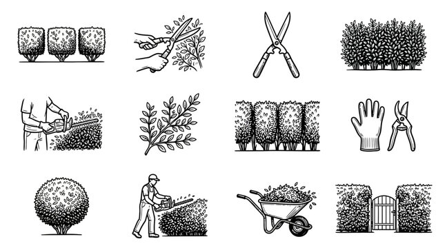 Gardening Icons Set: Pruning, Trimming Hedges, and Yard Work Illustrations