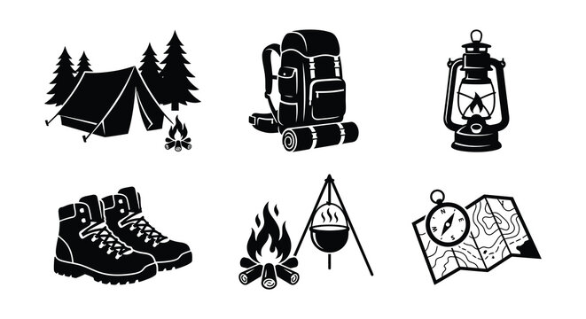 Camping Equipment Silhouettes Black Vector Icons On White Background