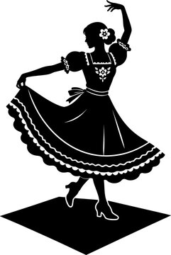 Woman in traditional dress dancing on stage with raised arms and flowing skirt