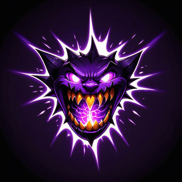 Glowing-eyed purple monster snarls, radiating energy from its mouth in a dark setting.