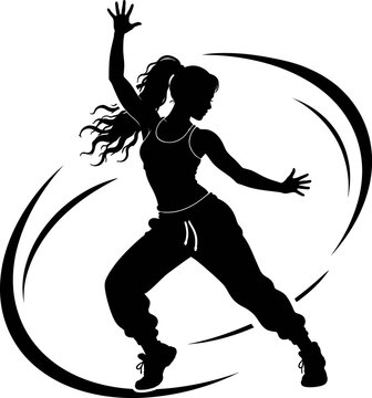 A woman dances energetically with her arm raised and hair flowing in a circular motion.