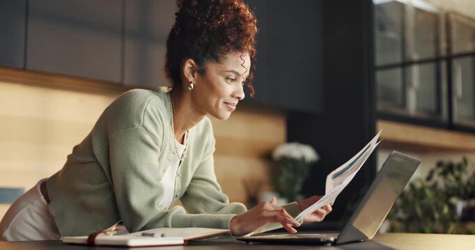 Reading, laptop or woman with document for home, travel insurance or hotel booking for abroad holiday. Pc, smile or person with registration for embassy website, country consent form or trip permit