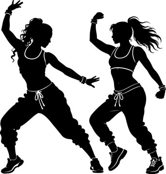 Two women dance energetically in a lively fitness class setting with dance, pouse, exercise, aerobic, and fun.