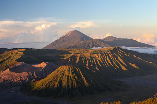 Stunning Sunrise View of Mount Bromo, Mount Batok, and Mount Semeru Volcanoes in Bromo Tengger Semeru National Park, East Java, Indonesia
